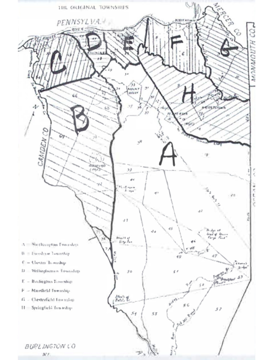 
Gemini said
A black-and-white historical map titled "THE ORIGINAL TOWNSHIPS" of Burlington County, New Jersey. The map displays a large land area divided into irregular sections, each labeled with a large, hand-drawn bold letter from A through H.